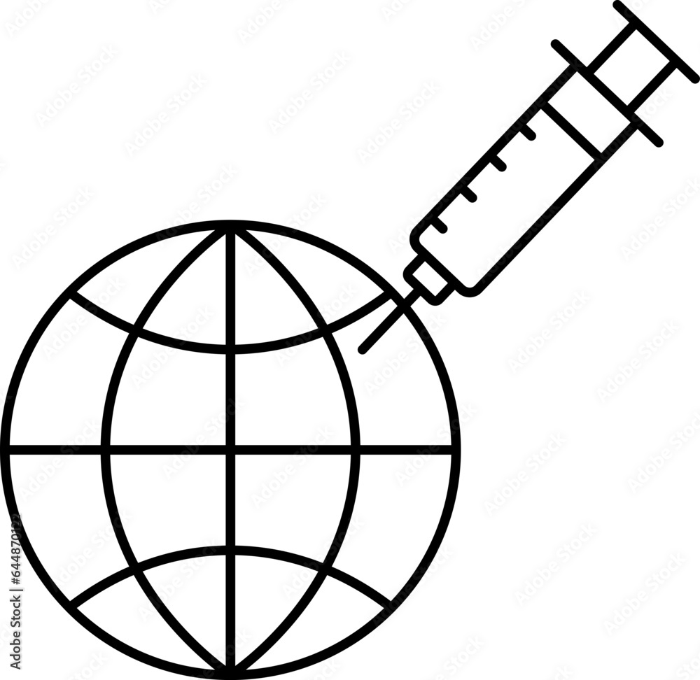 Black Stroke Globe With Syringe Icon Or Symbol. Black Stroke Globe With Syringe Icon Or Symbol.