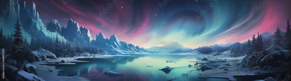a scenic view from in north pole at the night, sky with aurora, polar bear at the lake, reflection, dramatic light and shadows, create using generative AI tools a scenic view from in north pole at the night, sky with aurora, polar bear at the lake, reflection, dramatic light and shadows, create using generative AI tools