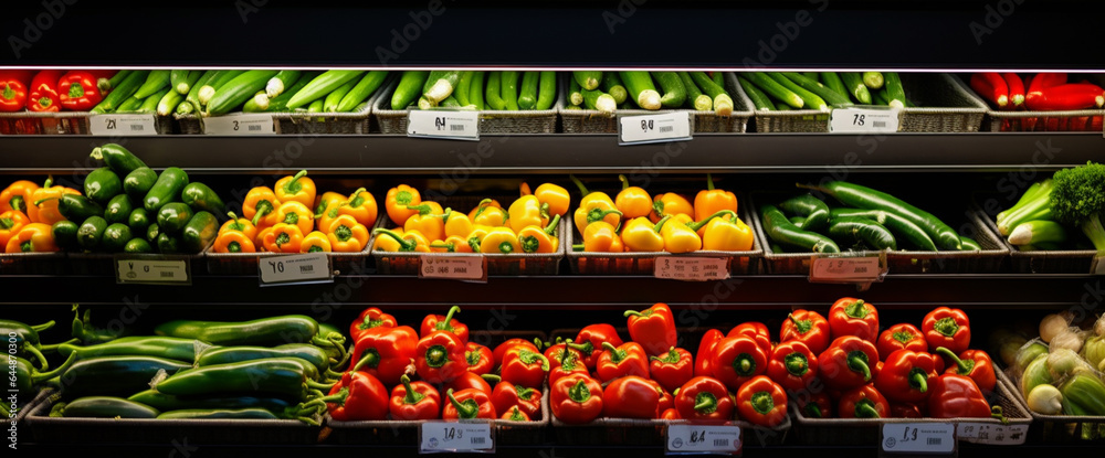 Fresh organic vegetables on a shelf in a supermarket, Shopping tomatoes, pepper peppers, cucumbers in a supermarket, healthy consumerism food concept.
