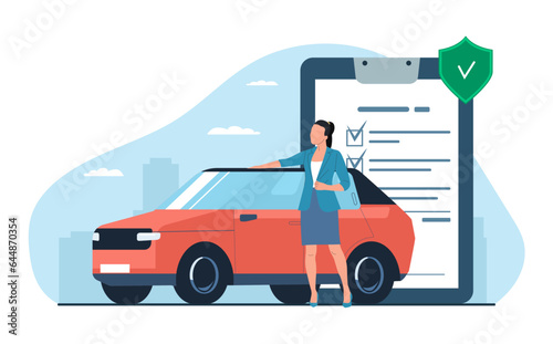 The woman put his hand on the roof of his car and looks ahead with confidence as he has an insurance policy. Car insurance concept. Vector illustration.