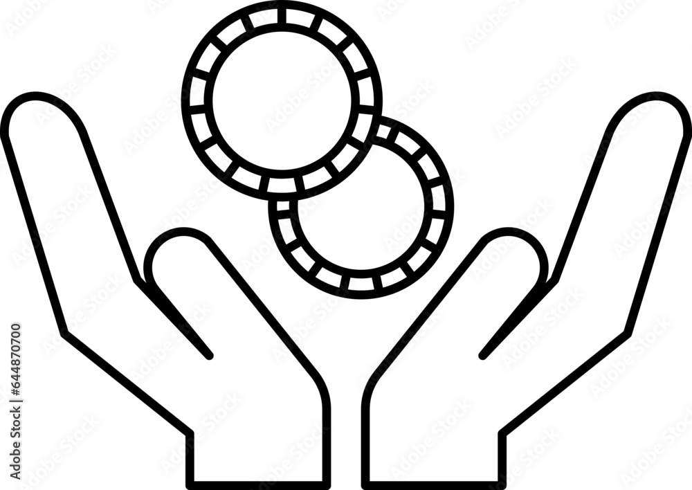 Black Outline Illustration Of Open Hand with Coins Icon. Black Outline Illustration Of Open Hand with Coins Icon.