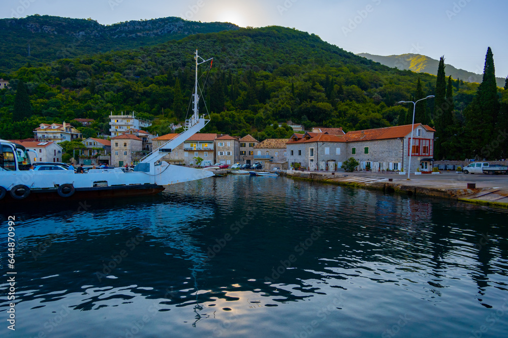 Lepetane - Kamenari Ferry, Montenegro, June 30, 2023 - the sea ferry transports cars and passengers
