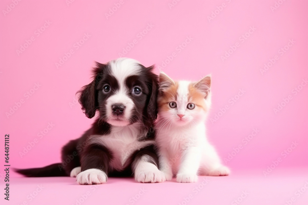 Adorable Kitten and Puppy Duo on Pastel Background