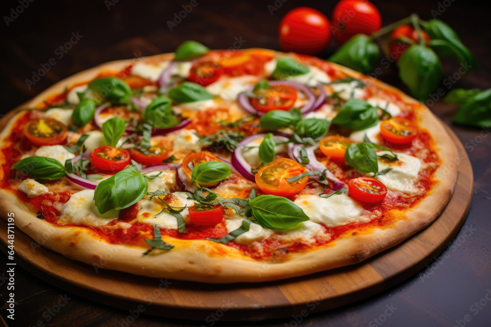 Vegetarian Pizza Slice with Fresh Basil and Cheese