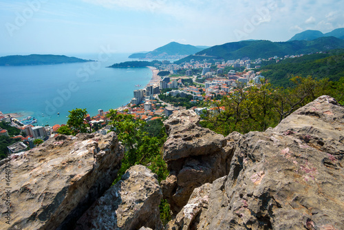 panoramic view from the height of the mountains to the resort town on the seashore  Montenegro  Adriatic Sea  beaches  islands  tourism and travel  summer vacations