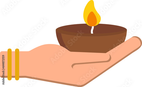 Isolated Hand Holding Burning Diya (Oil Lamp) Icon In Flat Style.