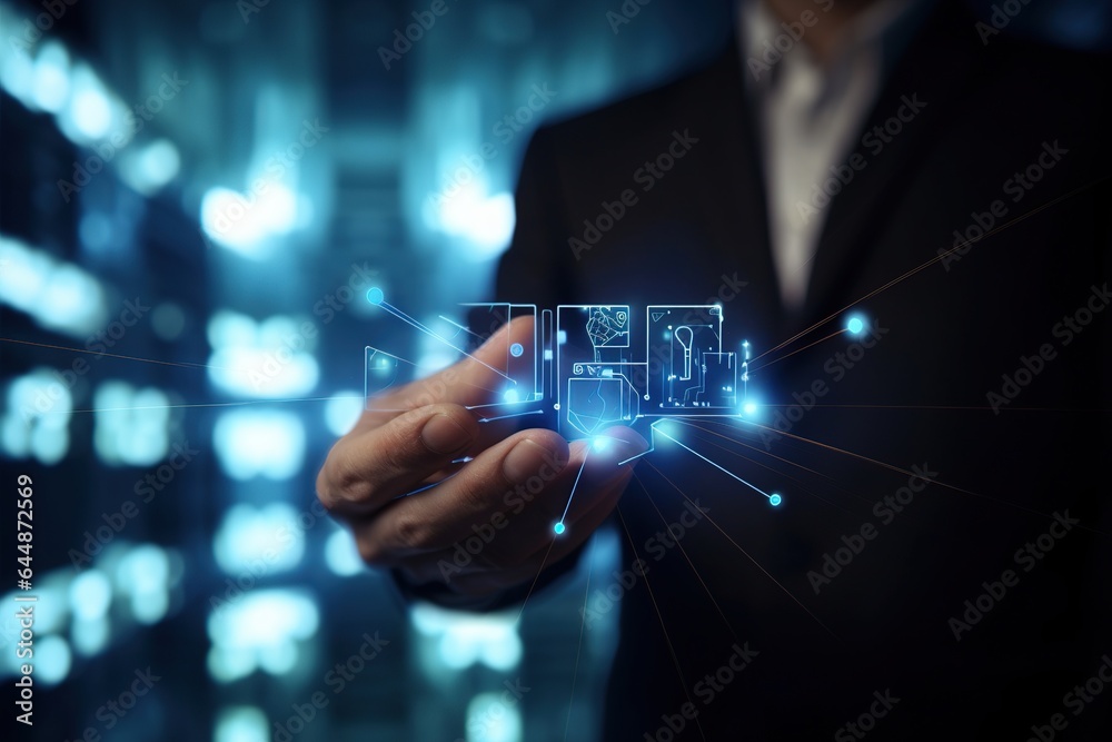 Fototapeta premium Digital marketing. Businessman use modern interface payment, online shopping and customer network connection on virtual screen, digital visualization, global electronic business network communication.