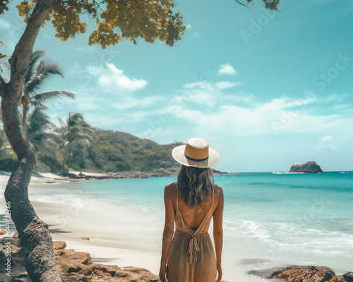 Young woman in travel clothes in hat standing on the beach.