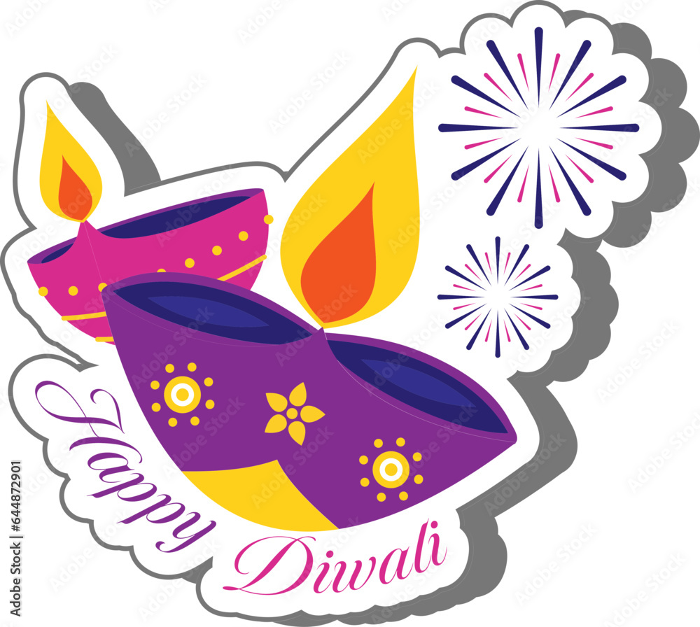 Sticker Style Two Burning Diya (Oil Lamp) For Happy Diwali Celebration.