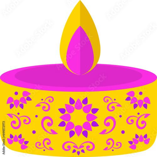 Isolated Burning Floral Tealight Candle Or Diya Pink And Yellow Icon.