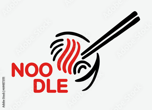 Noodles logo with chopsticks drawn by brush over white background. Vector illustration in cartoon design. Use for logos, icons, posters, graphics.	