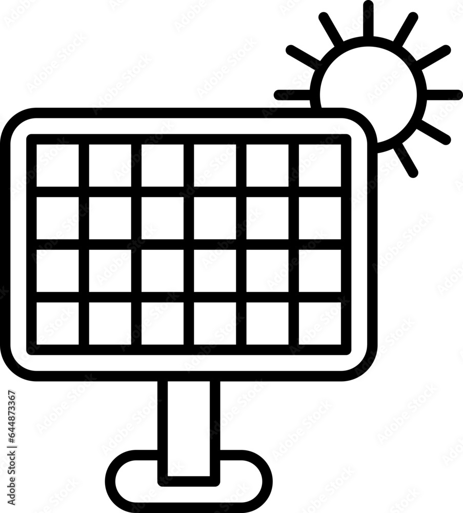 Sun With Solar Panel Icon In Black Outline. Sun With Solar Panel Icon In Black Outline.