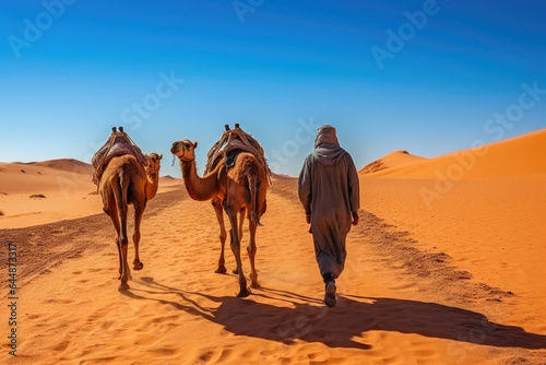 Sahara Nomad  Leading Camels Through the Dunes