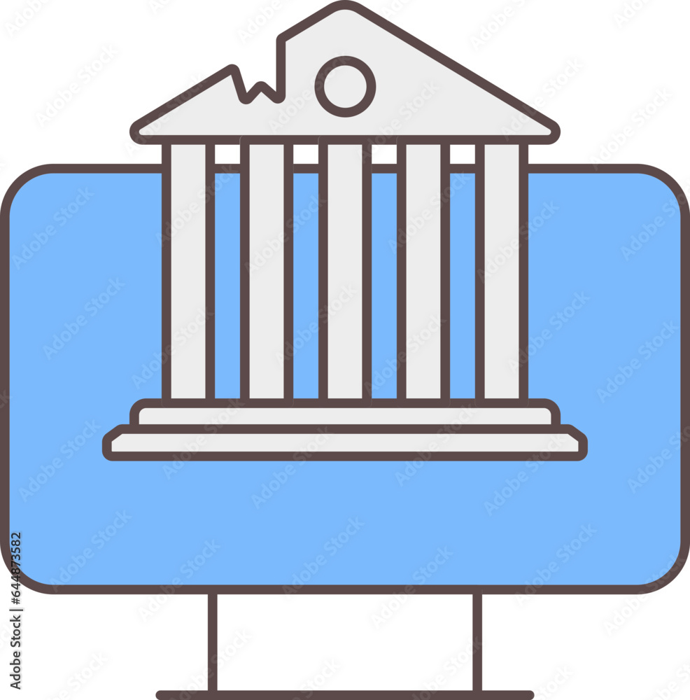 Broken Building In Monitor Screen Grey And Blue Icon. Broken Building In Monitor Screen Grey And Blue Icon.
