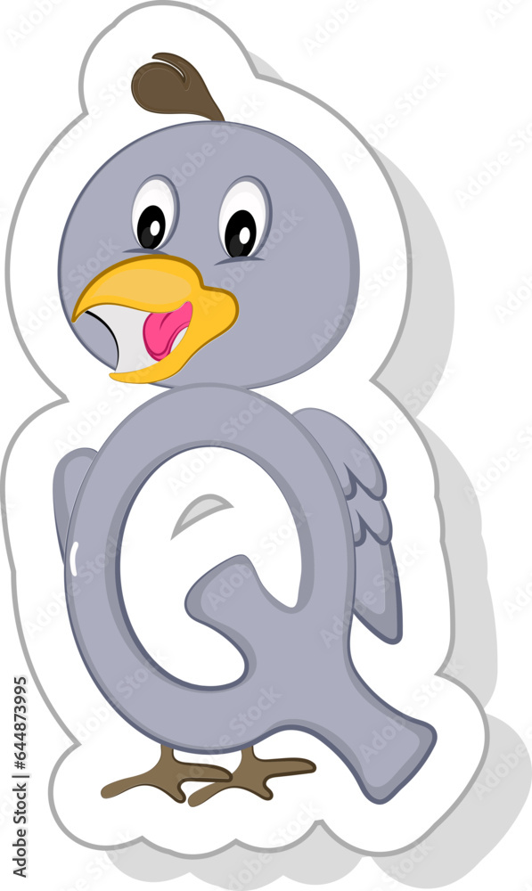 Obraz premium Cute Q Alphabet Animal Cartoon Quail Icon In Sticker Style.