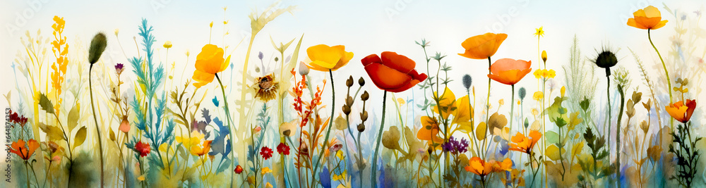 Obraz premium Watercolor paintings of flower bouquets, colorful pastel flowers, beautiful flowers and grass.