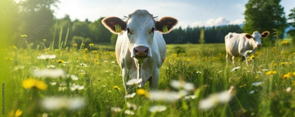 Cow in green field with clear sky - obrazy, fototapety, plakaty 