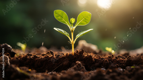 A vibrant young plant flourishes in the morning sunlight, set against a backdrop of lush greenery and bokeh, representing the concepts of new life