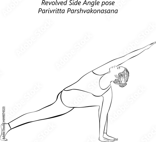 Sketch of young woman practicing yoga, doing Revolved Side Angle pose. Parivritta Parshvakonasana. Standing and Twist. Intermediate. Isolated vector illustration.