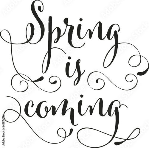 Black Spring Is Coming Calligraphy Letter On White Background.
