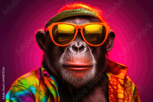 Cheerful Chimpanzee Rocking Sunglasses Against a Colorful Backdrop