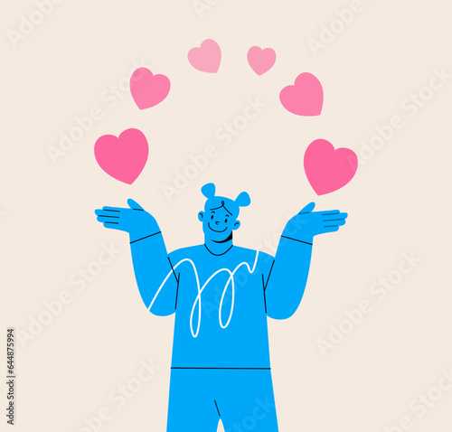 Happy woman giving, sharing and receiving donation, help. Charity, kindness concept. Colorful vector illustration
