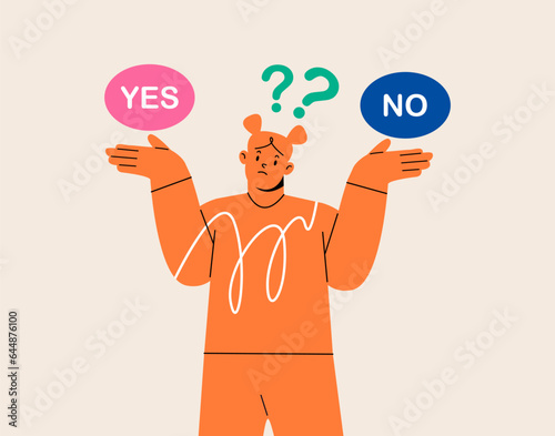 Young girl standing confusedly to choose YES or NO. Concept of choice. Colorful vector illustration
