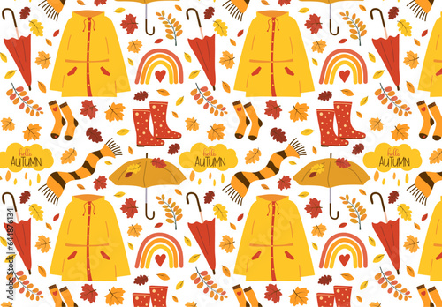 Cute autumn seamless pattern in warm colors with raincoat, scarf, rubber boots, socks, umbrellas, casts, clouds, rainbow