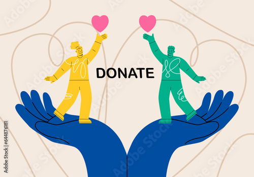 Hands of people with hearts for charitable donations. Charity, donation and social care concept. Colorful vector illustration