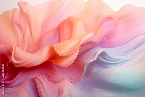 Abstract fluid, wavy liquid paint background. Flowing colorful smoke in gradient pastel hues. Use for backdrop, invitation, greeting card, social media banner. AI generative illustration.