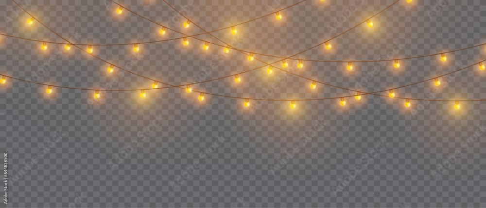 Vector Christmas Lights Magic: Realistic Isolated Design Elements for Festive Greeting Cards, Banners, Posters, and Web Design. Garland Decorations with LED Neon Lamps.	
