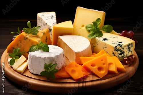 Cheese Medley Arranged on a Wood Serving Dish