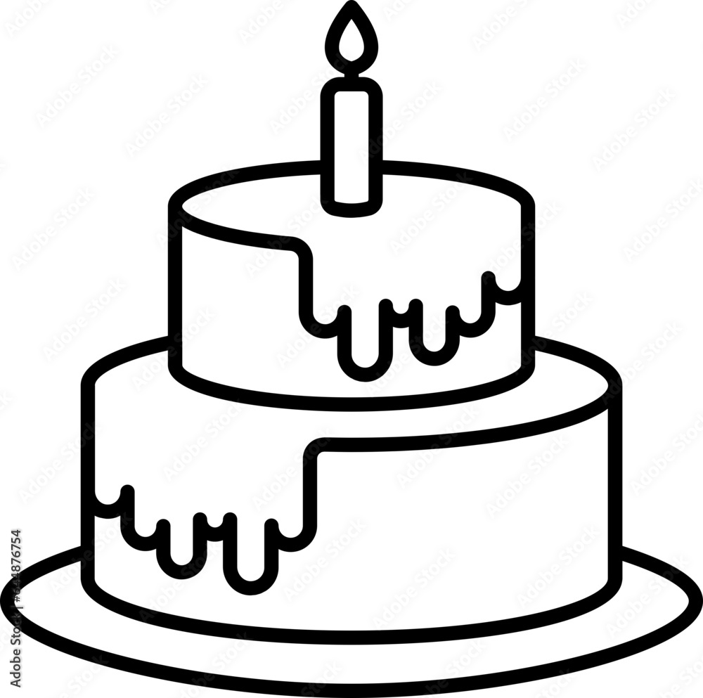 Burning Candle in Two Layer Cake Black Outline Icon. Burning Candle in Two Layer Cake Black Outline Icon.