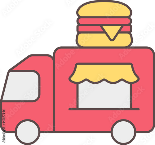 Isolated Burger Fast Food Truck Icon In Red And Yellow Color.