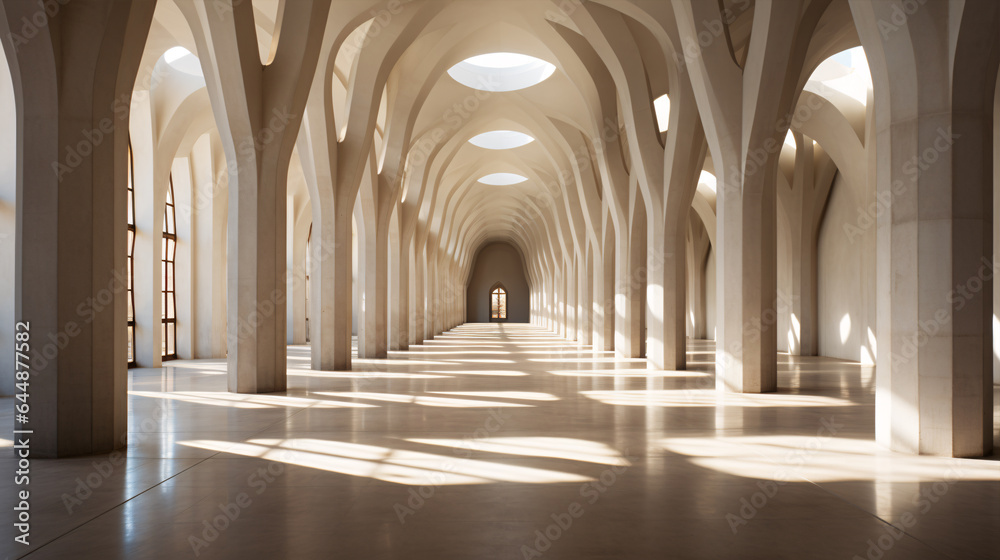 A long, white corridor in a geometric, contemporary concrete edifice is illuminated by the gentle touch of sunlight through its columns..