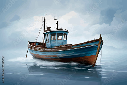 old fishing boat mist blue background stormy old fisherman illustration