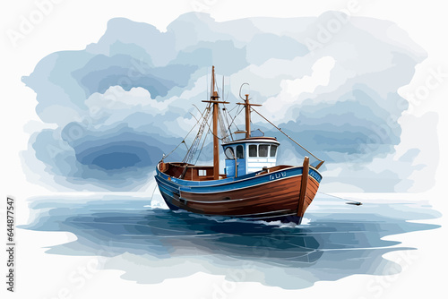 old fishing boat mist blue background stormy old fisherman illustration