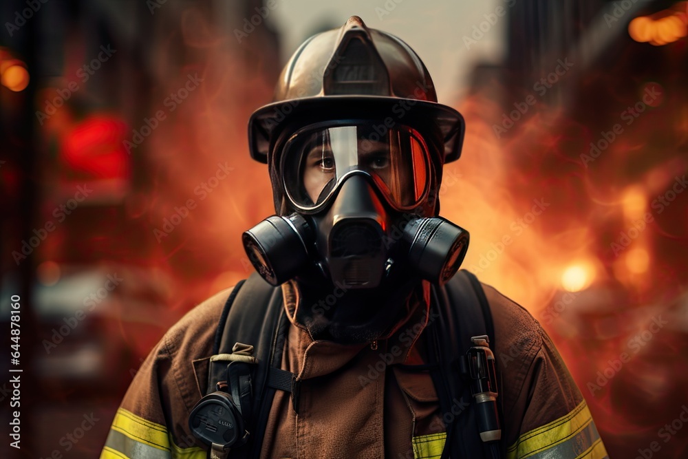 Portrait of a firefighter in safety uniform, helmet and cas mask. Professional fireman in gas mask looking at camera. Portrait of a firefighter after exhausting work.