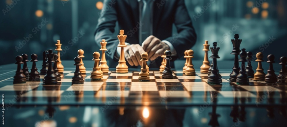 A businessman embodies planning, decision-making, and competitive strategy concepts with a chessboard - obrazy, fototapety, plakaty 