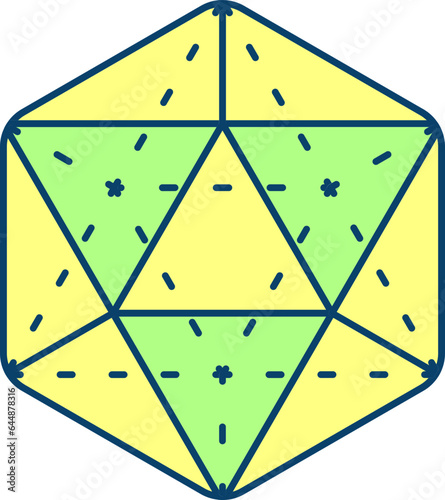 Flat Style Icosahedron Icon In Green And Yellow Color.