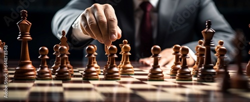 A businessman executes financial strategy, advancing a chess piece over others