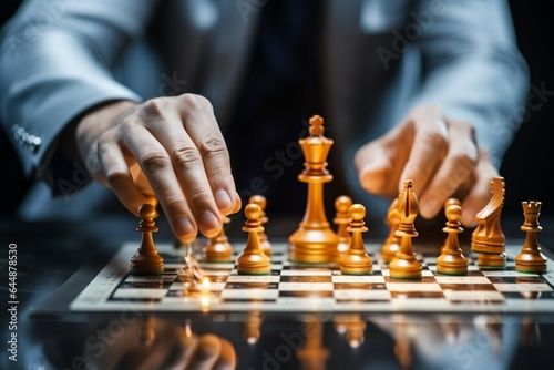 Business strategy ideas unfold as skilled hands make moves on the chessboard