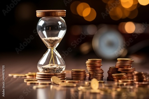 Coins and an hourglass confront the businessman, denoting fiscal time management