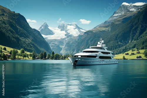 A yacht framed by mountains in Switzerland on a sunny day by calm water, a popular place to travel and relax. Generative AI