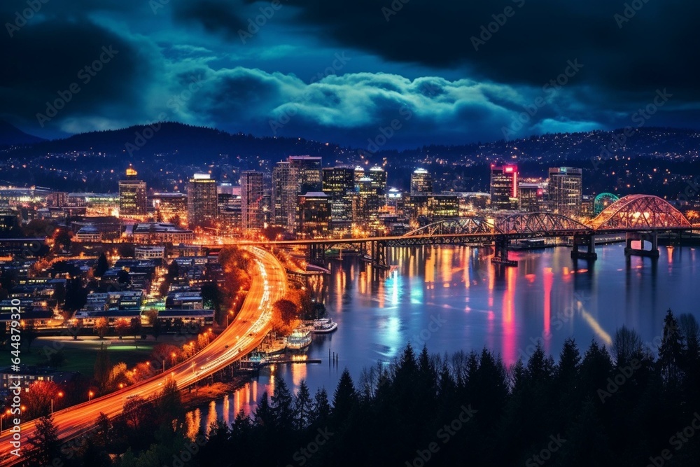 A vibrant view of the illuminated cityscape in Portland during the dark hours. Generative AI