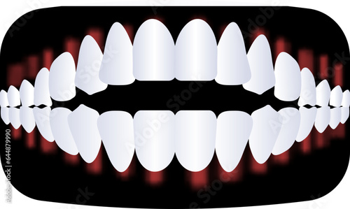 Red And White Illustration Of Open Bite Teeth Icon.