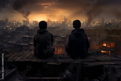 Two Friend sitting on a Rooftop while the City Burns. Generative Ai