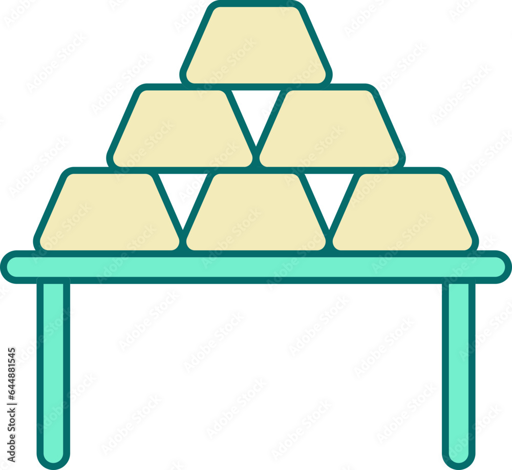 Flat Style Gold Bars Stack On Table Icon In Turquoise And Yellow Color. Flat Style Gold Bars Stack On Table Icon In Turquoise And Yellow Color.