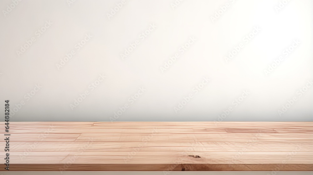 Photo of a minimalist wooden table against a clean white wall Photo of a minimalist wooden table against a clean white wall