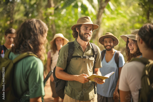 Environmentally friendly outdoor activities, familiarization of tourists with local ecosystems. Guide is explaining local ecosystems to tourists, pointing to local plants and animals. photo